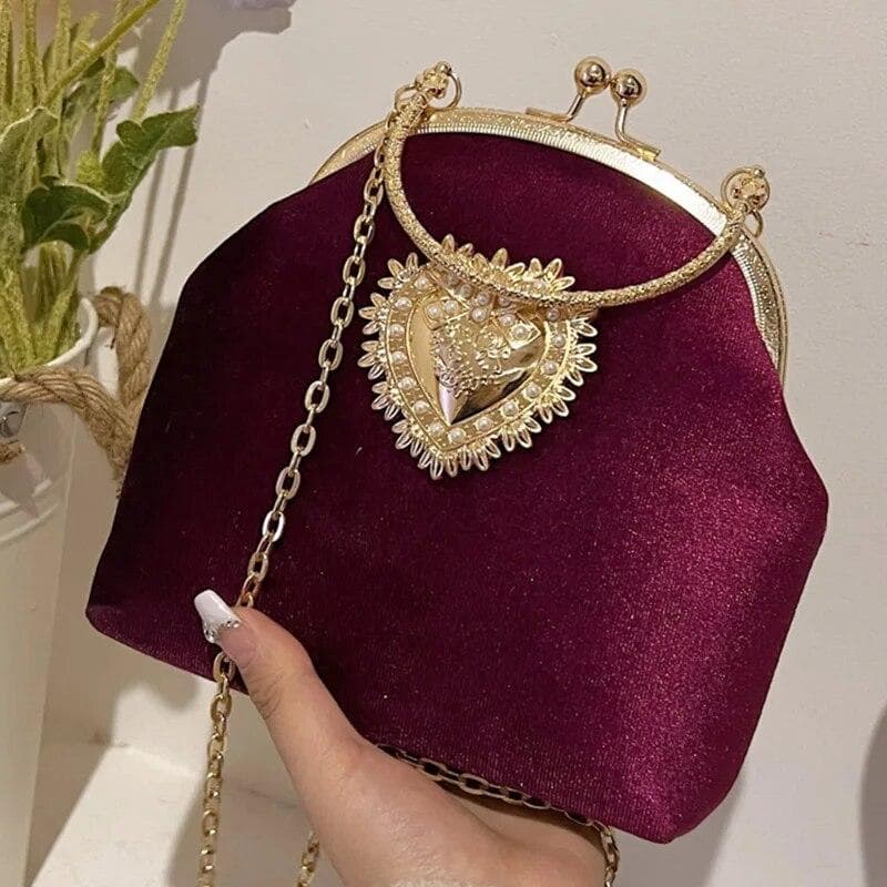 2024 Women Silk Shell Small Square Bags Metal Love Decoration Lock Catch Clutch Retro Simplicity Shoulder Bags Crossbody Bags (18cm-17cm-8cm) burgundy