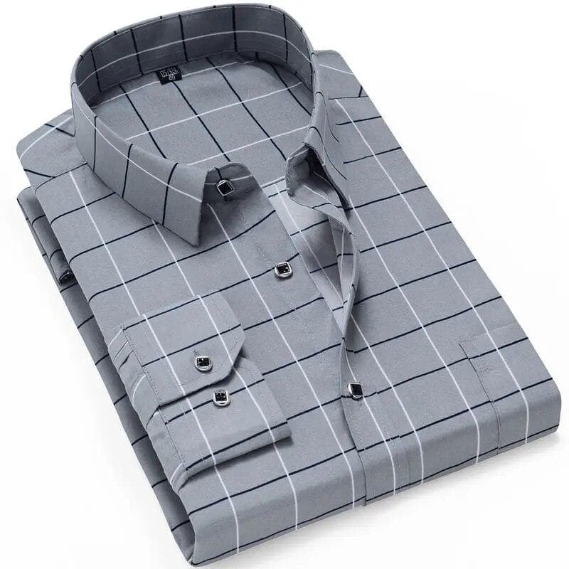 Thin Long Sleeve Printed Shirt Men's Korean Slim Fit Plaid Shirt Casual Business Dress Shirts Fashion Striped Streetwear Tops S gray