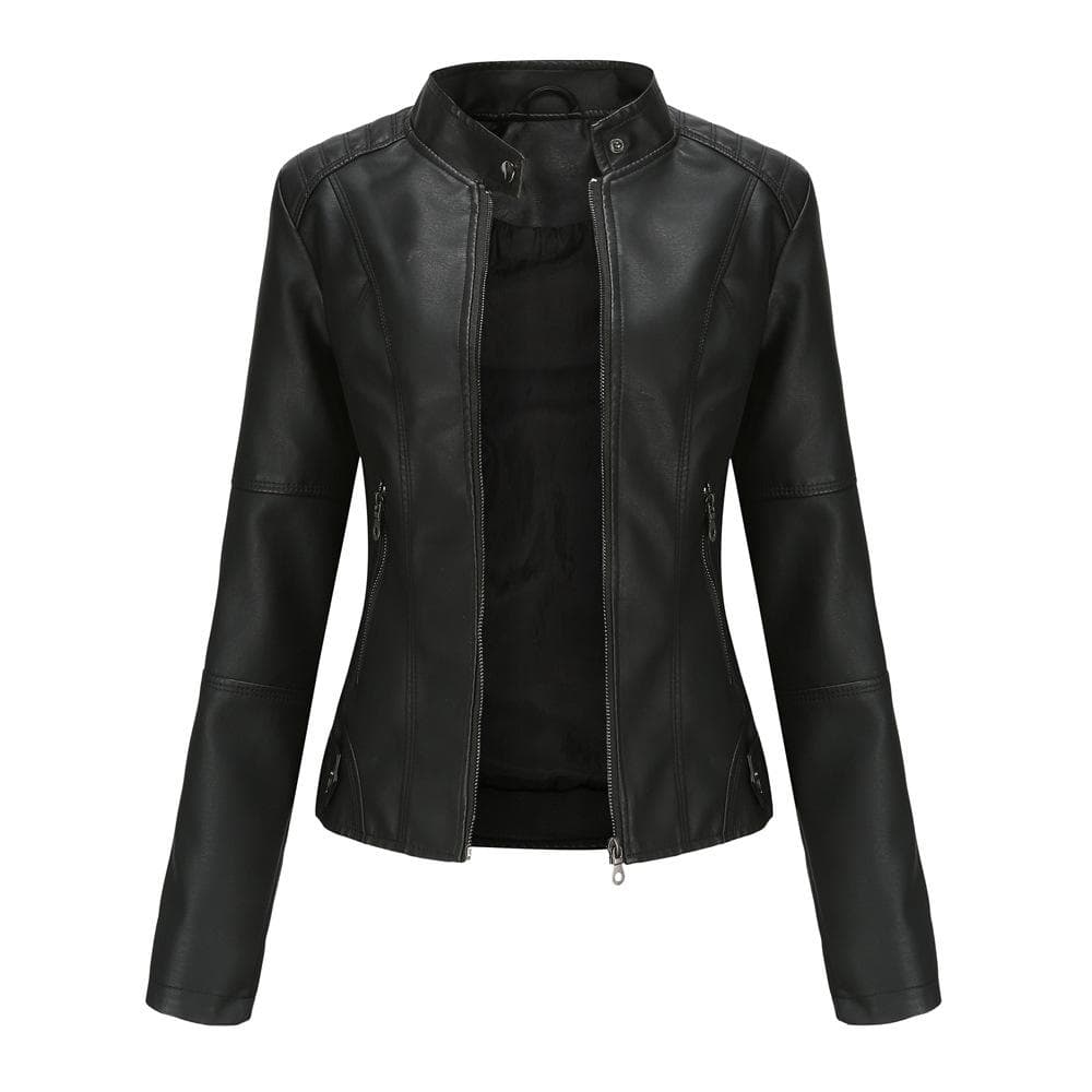 Women's Leather Jacket Women's Slim Jacket Thin Spring and Autumn Jacket Women's Motorcycle Jacket Large Size Stand Collar Leather Jacket XL