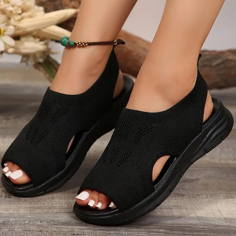 Women's Knit Upper Sandals, Breathable Peep Toe Elastic Slip on Shoes, Comfy Outdoor Sporty Sandals 39 black