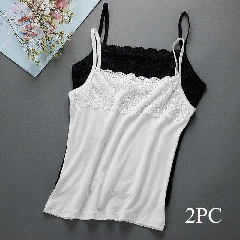 2pcs Women's Slim Large Top with Strap Tank Top Spring and Summer Lace Underlay Black and White Underlay 3XL