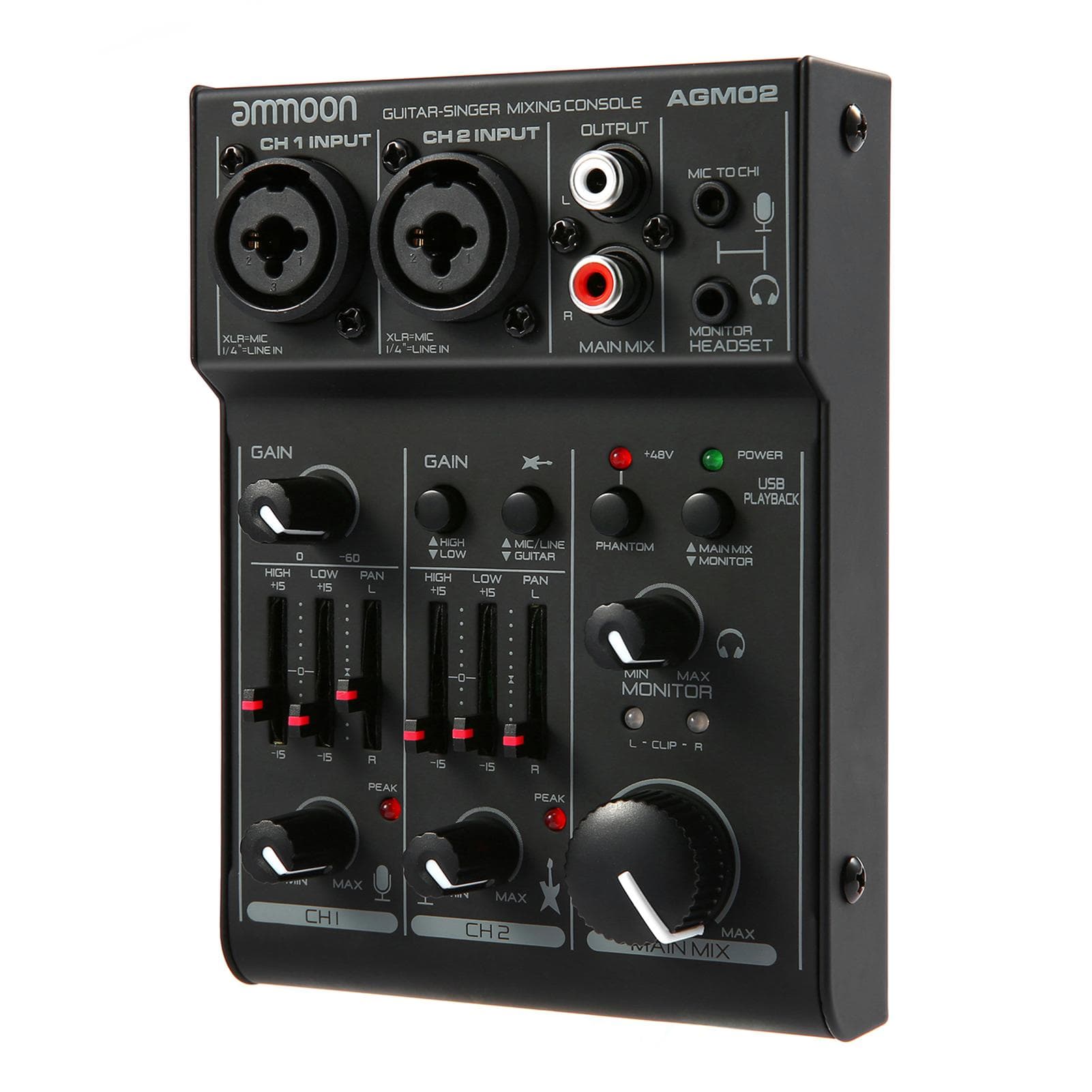 Ammoon AGM02 Mini 2-Channel Sound Card Mixing Console Digital Audio Mixer 2-band EQ Built-in 48V black