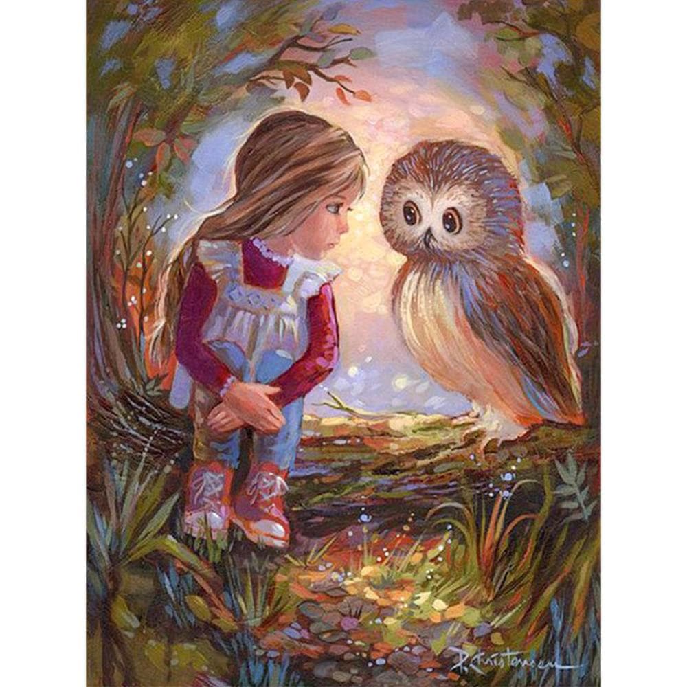 Cross Stitch Kit DIY Diamond Embroidery Girl and Owl Full Round Diamond Painting Mosaic Home Decor 20X30CM