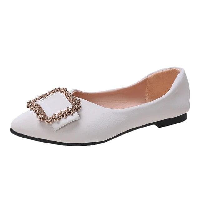 Ladies Shoes Shallow Mouth Women's Flats Fashion Square Button Beanie Flat Shoes Sexy Pointed Toe Flat Low Heels 43 white