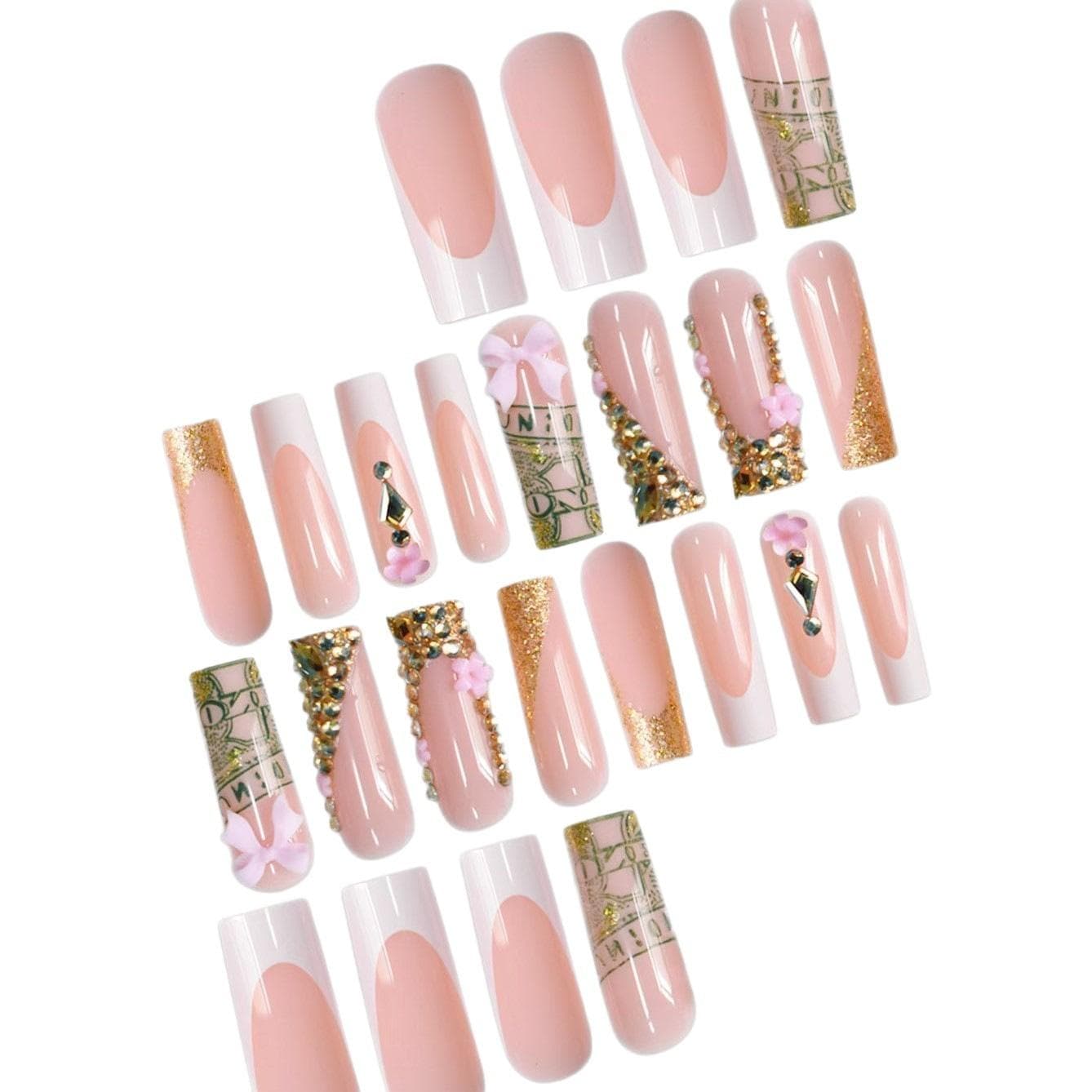 24pcs Bownot & Flower Nail Stickers Press-On Nails, Suitable For Women Girls Nail Art Decorr