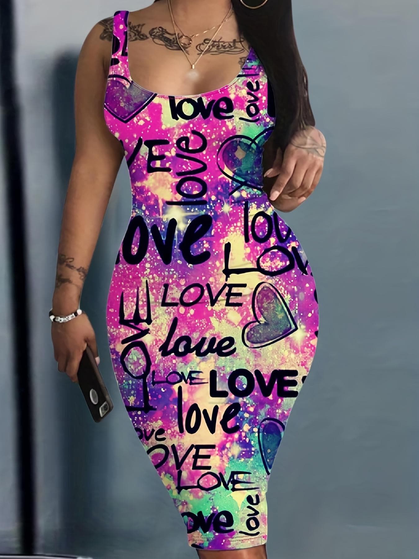 Love Letter Print Tank Dress, Casual Slim Bag Hip Random Printing Dress, Women's Clothing XXXXL multicolour