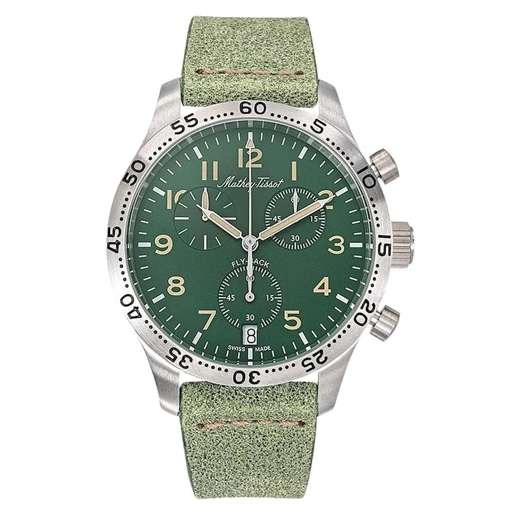 Mathey-Tissot Type 21 Flyback Chronograph Leather Strap Green Dial Quartz H1821CHALV Men's Watch green