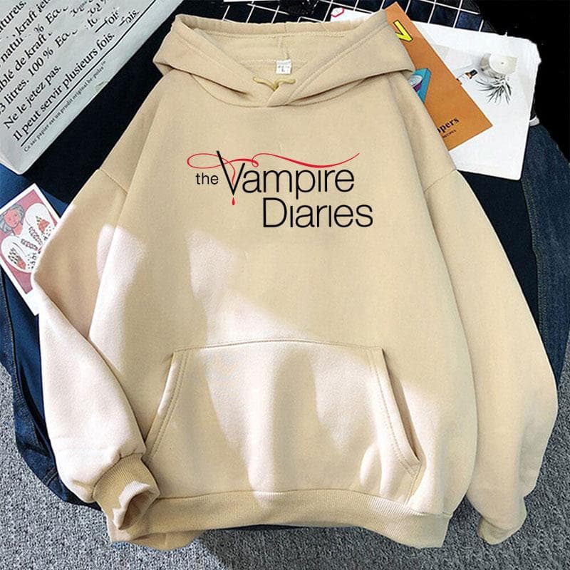 New The Vampire Diaries Print Hoodie Women Men Casual Tops Autumn And Winter Sweatshirts Long Sleeve Harajuku Pullover XL khaki