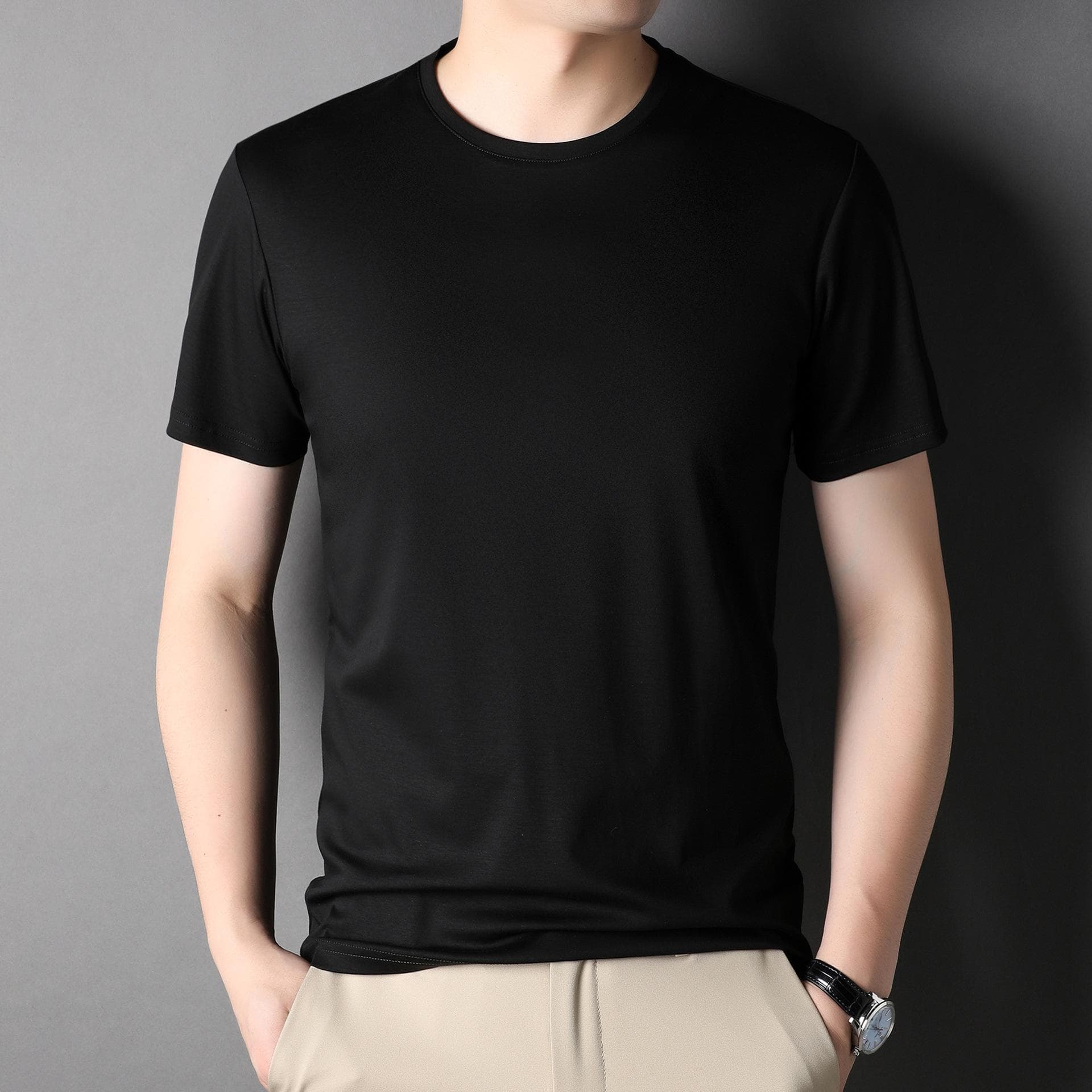 Mulberry Silk Men's Short-sleeved T-shirt Men's Summer New Round Neck Ice Silk Clothes Silk Trendy Men's Short-sleeved Tops XL