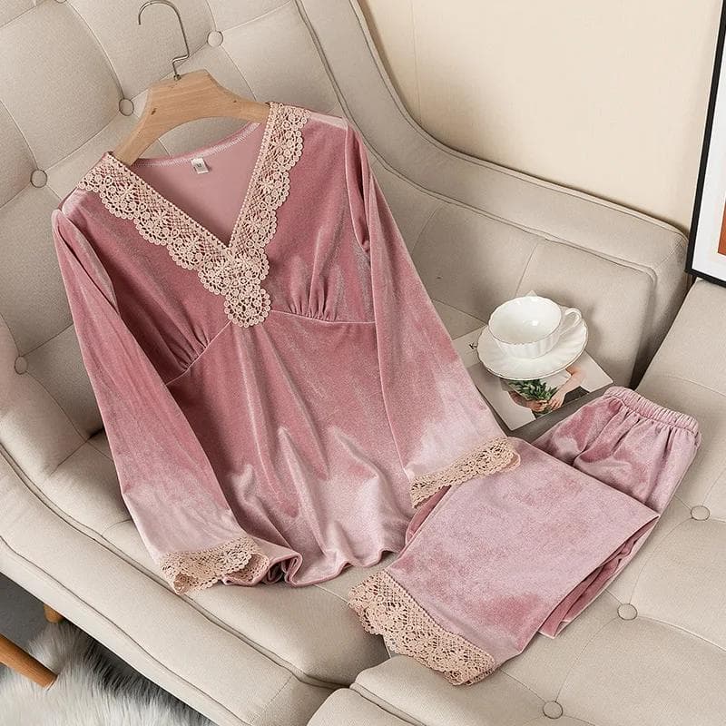Velvet Pajamas Women Autumn Winter Sleepwear Long Sleeve Casual Nightwear Pyjamas Suit Loose Home Clothes Lace Trim Sleep Set 2XL