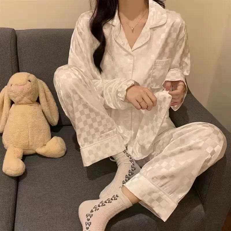 Plus Size Women Pajamas Set Long Sleeves Homewear Two-Piece Cardigan Solid Plaid Sleepwear Fall and Winter Nightwear Loungewear 2XL