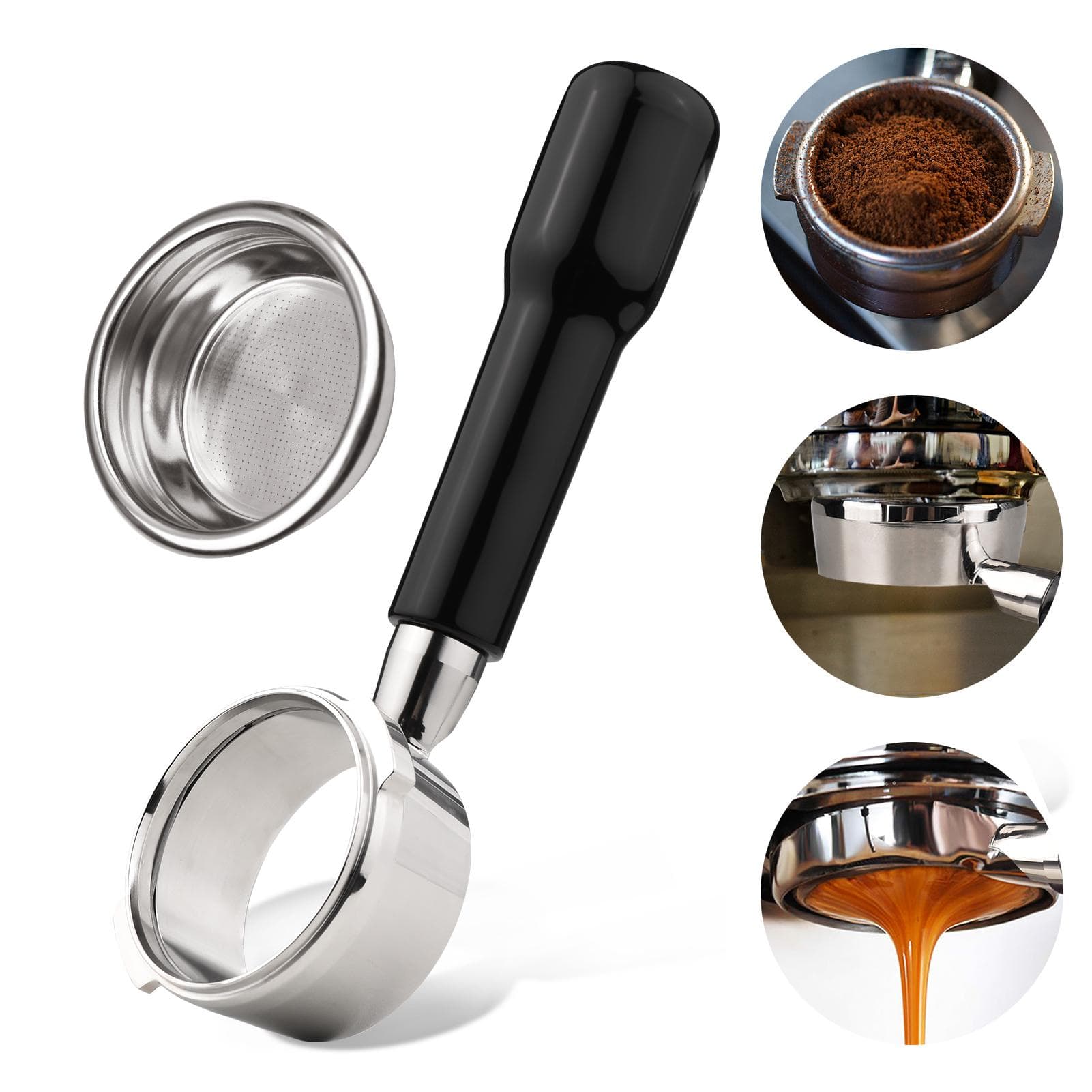 58mm 2 Ears Stainless Steel Bottomless Naked Portafilter Wooden Coffee Handle Cup Filter Basket for Plastic material black