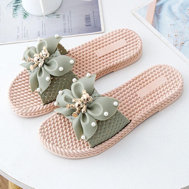 Women's Slipper Summer New Outdoor Fashion Lightweight Anti-odor Thick Bottom Soft Bottom Wearable Hundred Bow Tie Upper A Strap Sandals Flip-flops 41 green