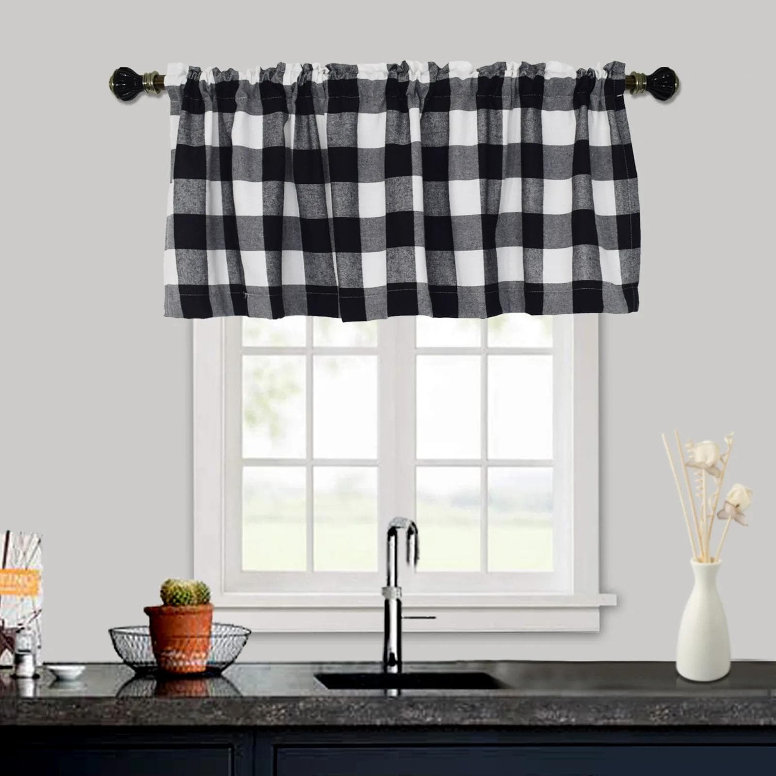 Buffalo Check Plaid Window Valances Red and Black Farmhouse Design Window Treatment Decor Curtains Rod Pocket Valances for Kitch W145XH70cm