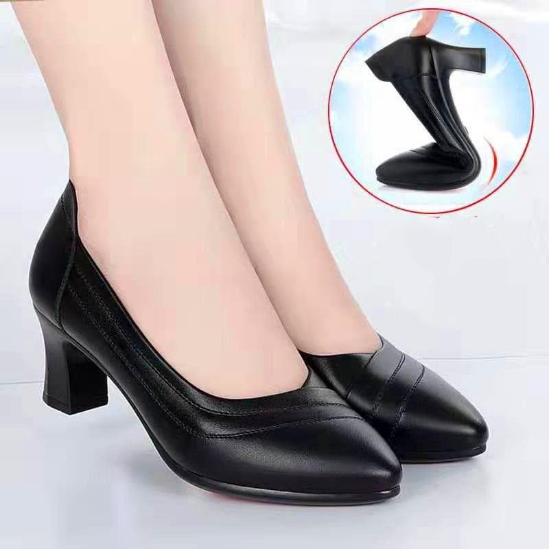 Comfortable Soft Leather Work Shoes, Soft Sole, Comfortable Mid-heel Four Seasons Single Shoes, Women's Thick-heeled Non-slip Leather Shoes 37 cool black