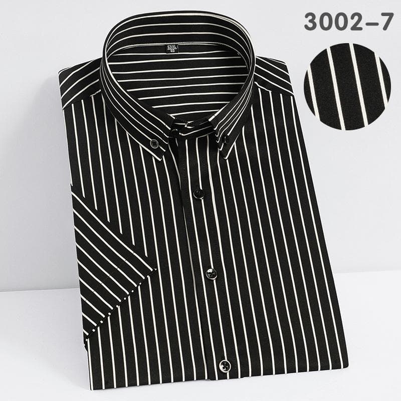 Short Sleeve Strech Striped Shirts for Men Summer Soft Business Mens Dress Shirt Casual Regular Fit Quality No Front Pocket M black