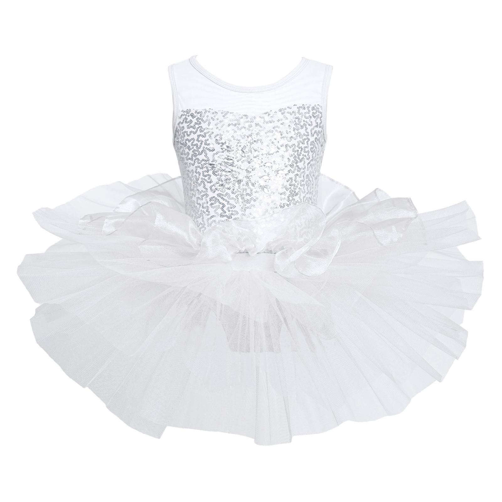Ballet Leotard Dress for Kids Girls Shiny Sequins Tutu 4 Layers Skirt Ballerina Dance Wear 8-10 Years white