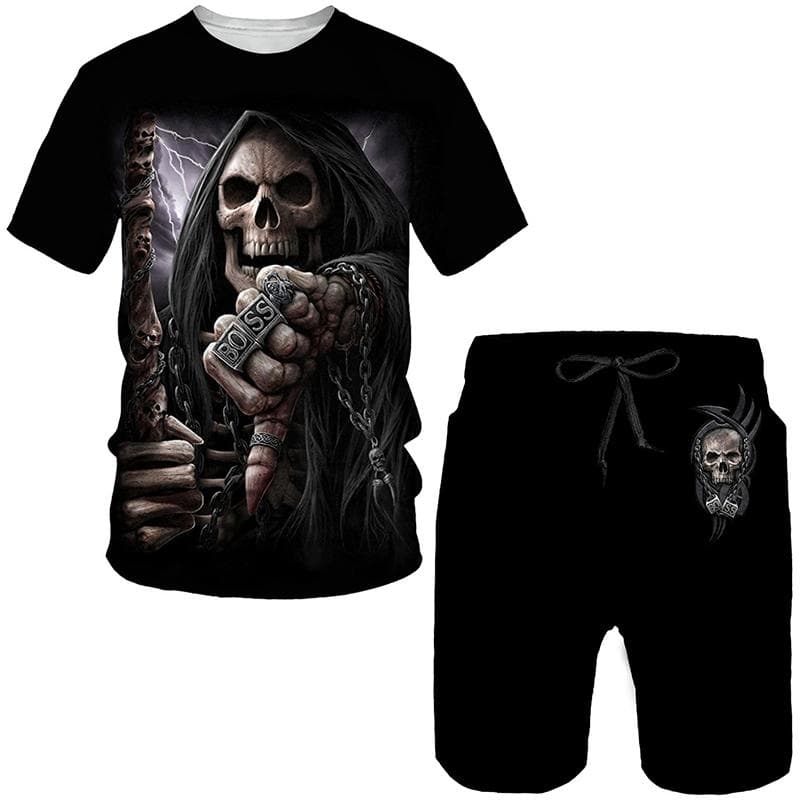 Novelty Gothic Skull 3D Print Tee/Suit Summer Men's Cool Punk Style T-Shirts+Shorts Set Personality Hip Hop Streetwear Tracksuit S