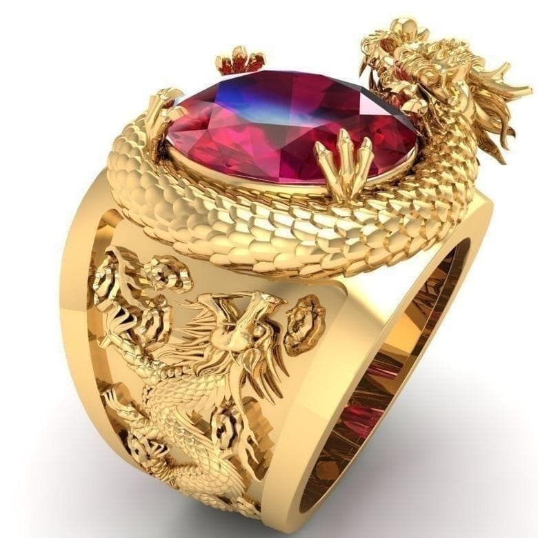 Gold Carving Domineering Dragon Red Zircon Ring 11