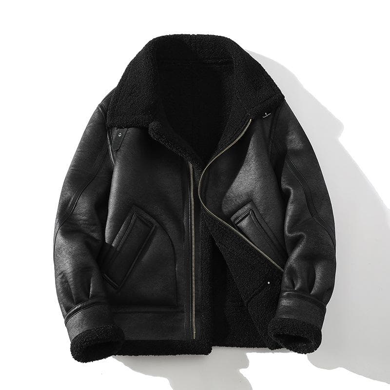 Winter Men's Large Size Air Force Fur One Padded Thickened Lapel Motorcycle Leather Jacket XXXXXL black