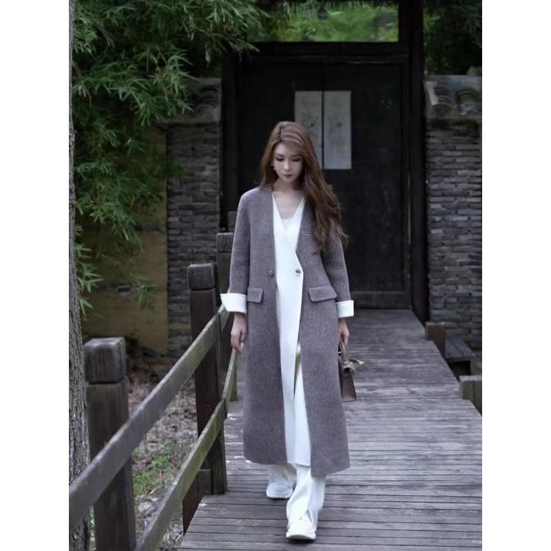 New Style Super Good-looking Ladylike Mixed Coffee Color Women's Long Wool Coat M