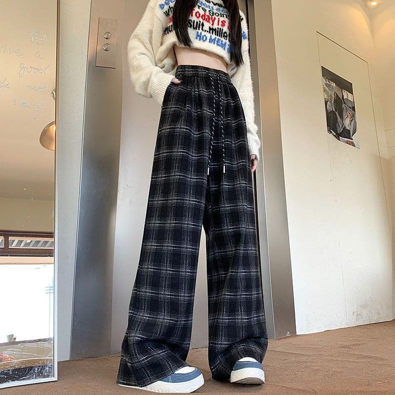 Early Spring Blue Plaid Casual Pants for Women with High Waist Straight-leg Pants Design Slim and Loose Wide-leg Pants 4XL black