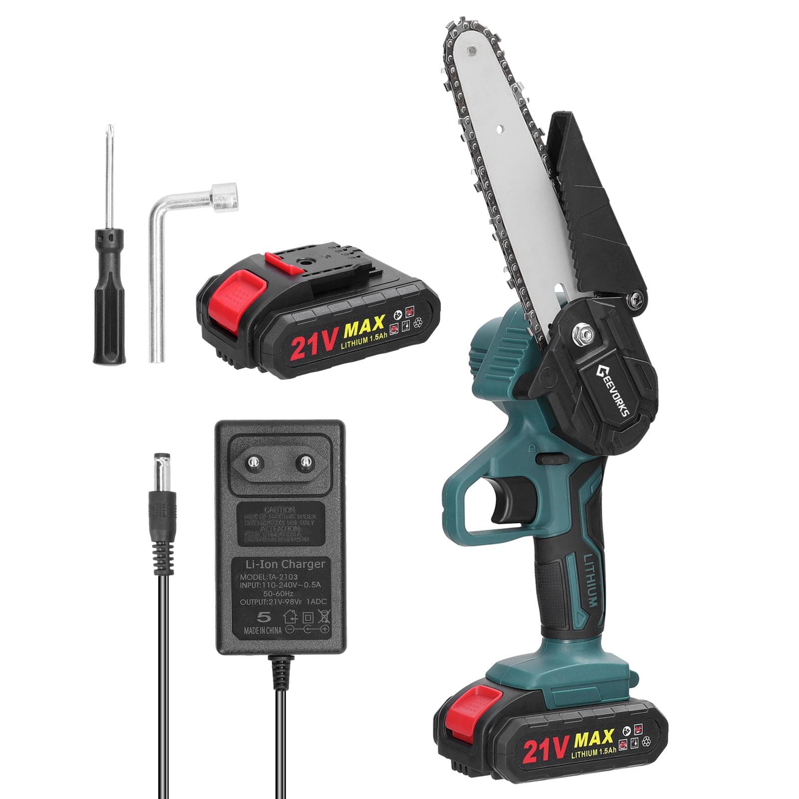 21V 6inch Portable Electric Pruning Saws Rechargeable Small Wood Spliting Chainsaw One-handed (EU) 2pcs 1500mAh battery