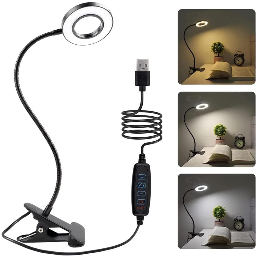 LED Reading Lights 360°Flexible Dimmable Table Lamp Clip On Indoor Bedroom Eye Protection Desk Light Book Clamp Lamp black