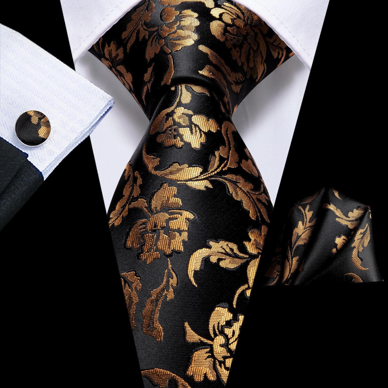 Hi-Tie Mens Accessories Silk Tie Handkerchief Cufflinks Set for Wedding Party Floral Solid Necktie N-3385