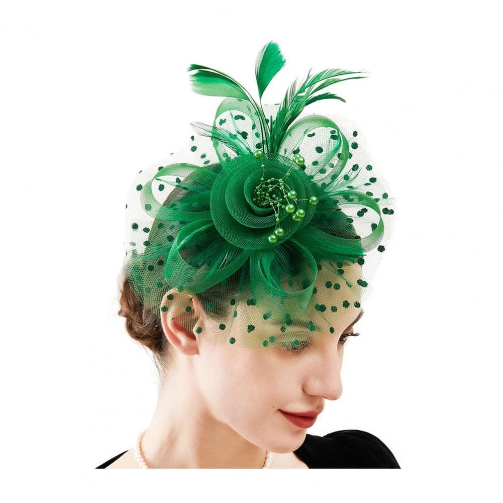 Fascinators Hat with Mesh Flower Faux Pearl Feather Decor Tea Party Headwear Clip Retro Hair Hoop Party Headband green