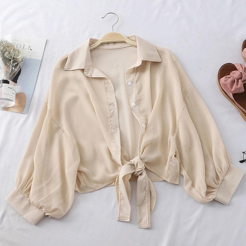 2024 Half Sleeve Chiffon Buttoned Up Shirt Loose Casual Blouse Women Simple Summer Shirts Tied Waist Elegant Blouses for Women 97761 S khaki