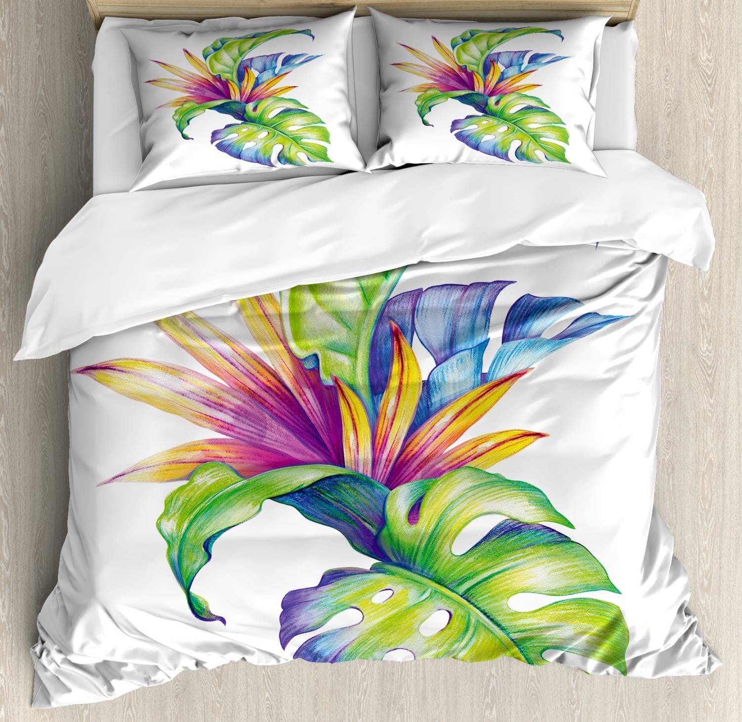 Palm Leaves Comforter Cover Duvet Cover Tropical Leaves Bedding Set Quilt Cover for Men Women, White 3 Pcs Queen King Size EU single(135x200cm)