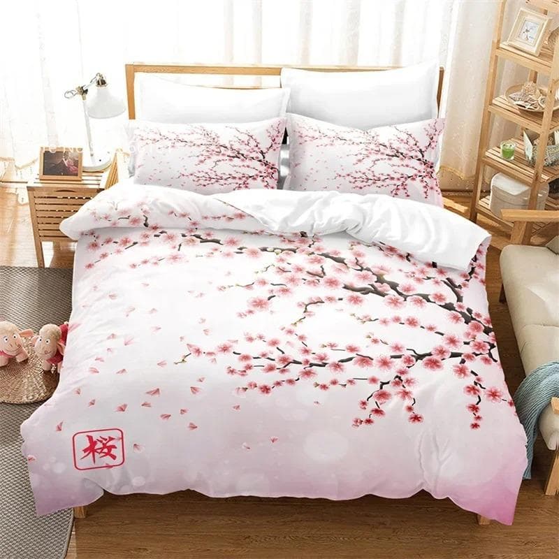 Plum Blossom Bedding Set Red Flower Floral Comforter Cover for Kids Girls Teens Women,Japanese Ink Style Duvet Cover King Size 70x133cm 2pcs