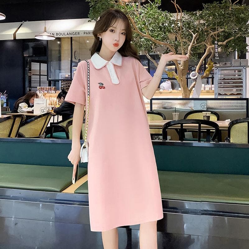Short Sleeve POLO Neck Dress Women's Summer New Small Large Size Loose T-Shirt Skirt Medium and Long M