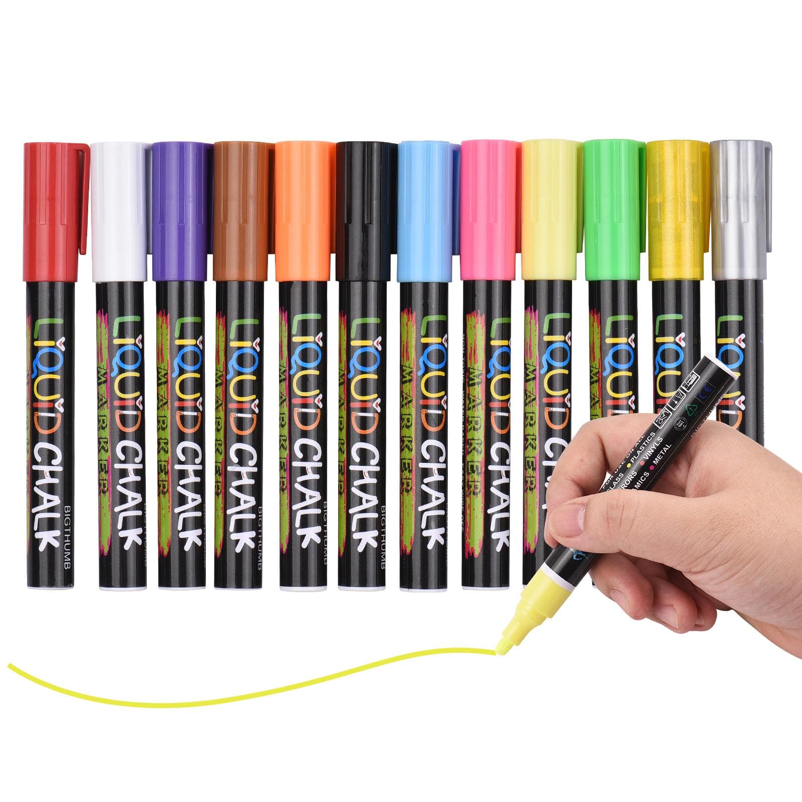 BIGTHUMB Liquid Chalk Markers 12 Vibrant Colors with 3mm Reversible Tip Erasable Water-based 12 Colors