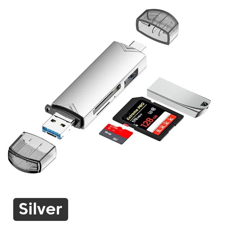 Multifunctional 6 In 1 Card Reader USB 3.0 to Type C Micro OTG Adapter Support TF SD Card USB Flash Drive for Laptop Android Phones and Tablets silver