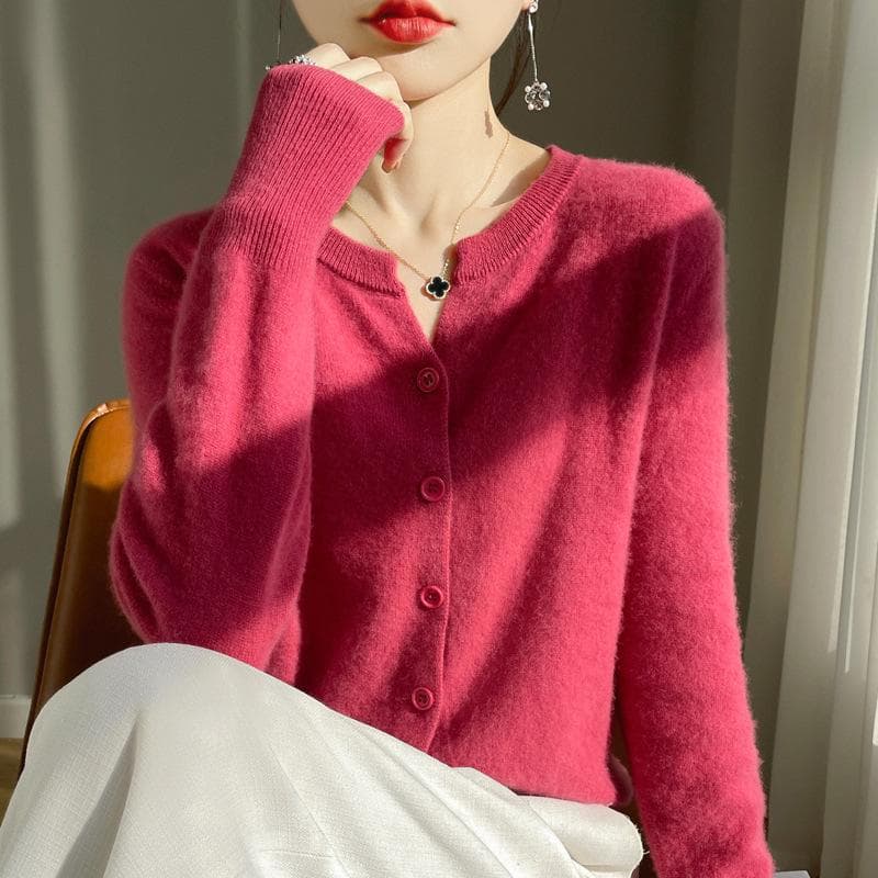 2024 V-Neck Cashmere Cardigan: Women's Versatile Long Sleeve Sweater for Spring, Autumn & Winter XXL raspberry/red