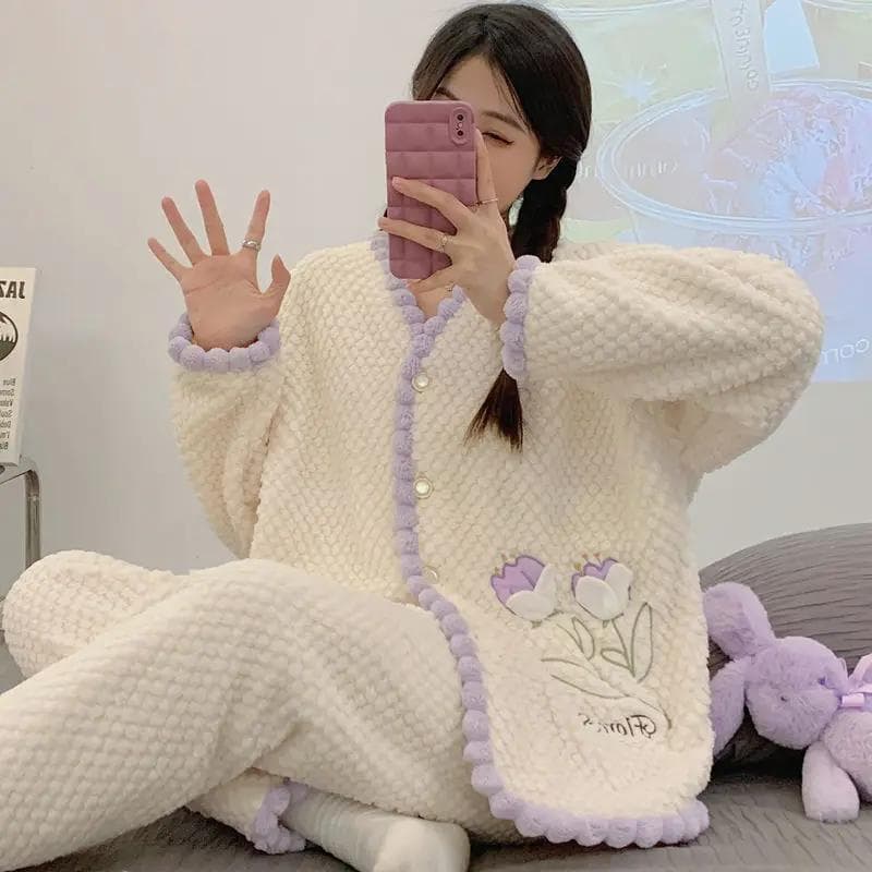 Coral Velvet Pajamas Women Autumn Winter Homewear Sets Flannel Plush Thick Nightgown Suit Insulation Famale Pijamas Home Wear 2XL