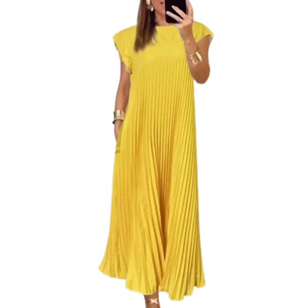 Lightweight Summer Dress Elegant Maxi Dress with Side Pockets for Women Breathable A-line Summer Dress for Vacation Beach Solid L yellow