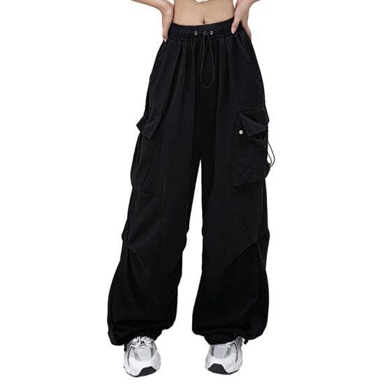 Women Cargo Pants High Waist Oversized Multi Pockets Quick Dry Solid Color Drawstring Full Length Ankle-banded Hip Hop Streetwear Lady Trousers M black