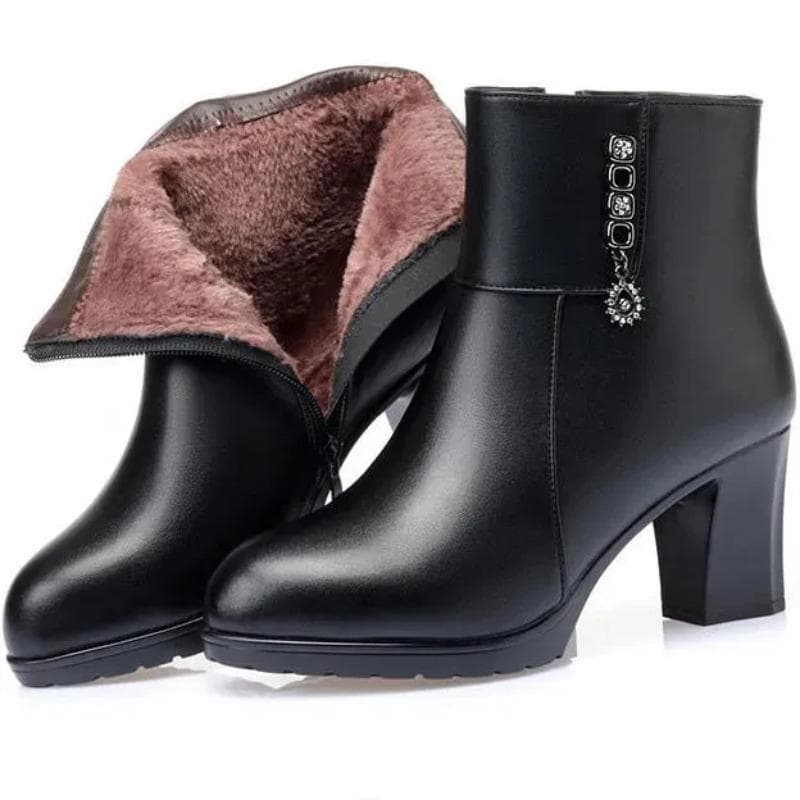 Winter Velvet Thick High Heels Women's Cotton Boots Short Boots Thick Heels Elderly Leather Shoes 40