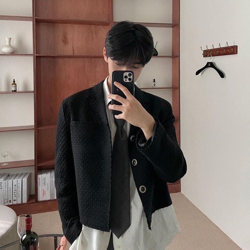 College Style Short Coat Men's Spring Loose Top Korean Style Suit Collar Jacket 2XL black