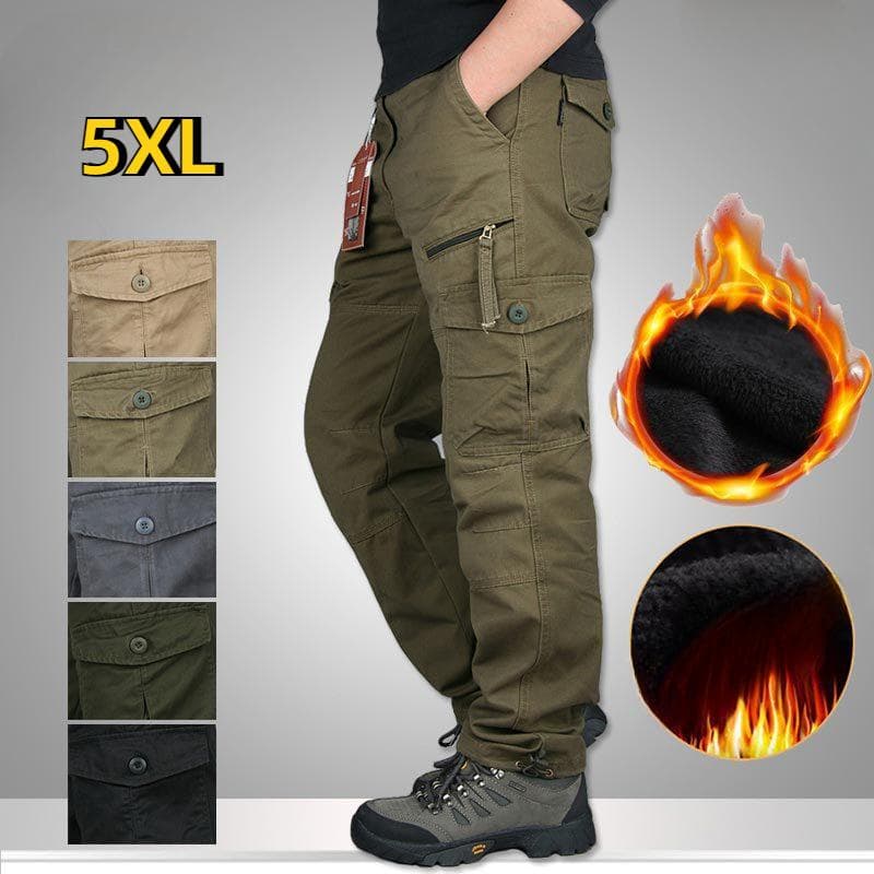 Men's Cotton Winter Thick Fleece Casual Pants Tactical Baggy Cargo Pants Double Layer Warm Thermal Straight Long Trousers L brown