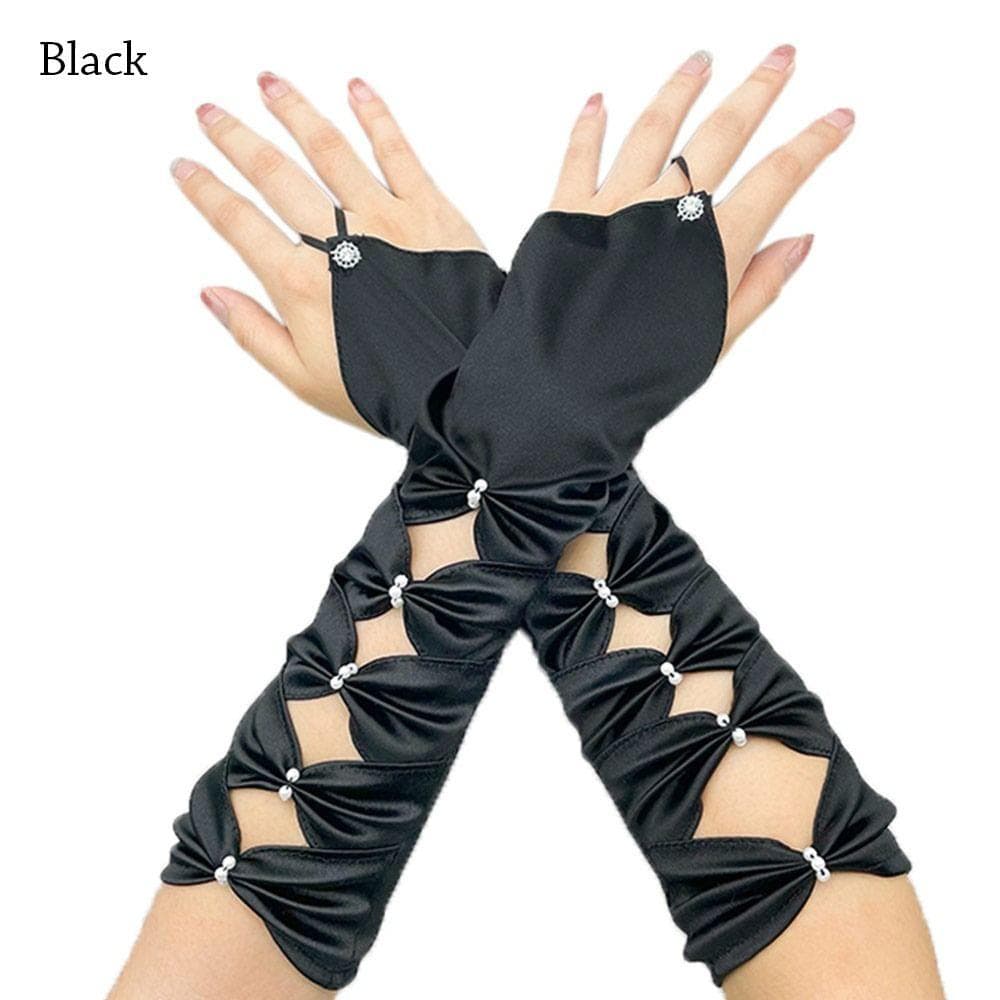 Wedding Gloves Long Elastic Satin Pleated Bowknot Elbow Teal Fingerless Gloves Evening Party Prom Gloves black