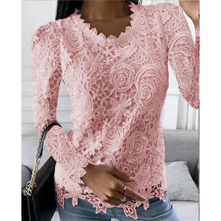 European & American Women's Lace Long Sleeve Tops - Autumn/Winter Collection 4XL pink