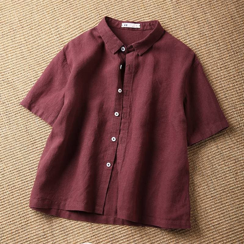 Summer Linen Thin Style Solid Color Retro Short Sleeved Shirt Top Women's Suit Collar Short Style Small Versatile Blouses & Shirts L burgundy