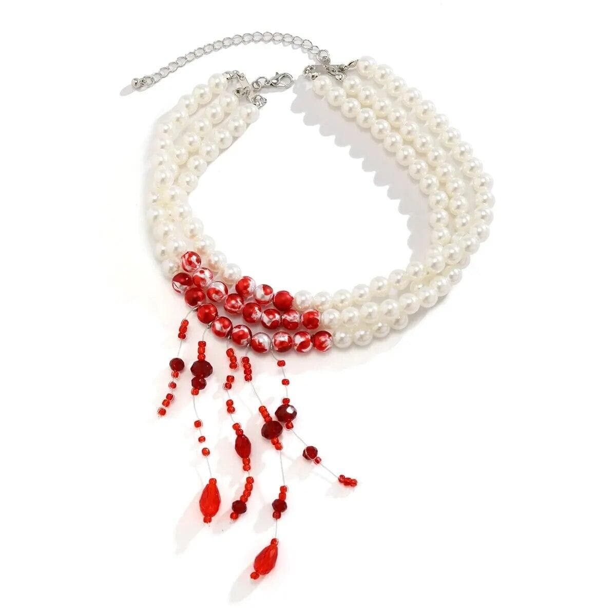 Multilayer Vintage Red Blood Pattern Imitation Pearl Tassel Pendant Necklace For Women Goth Bead Chain Halloween Jewelry