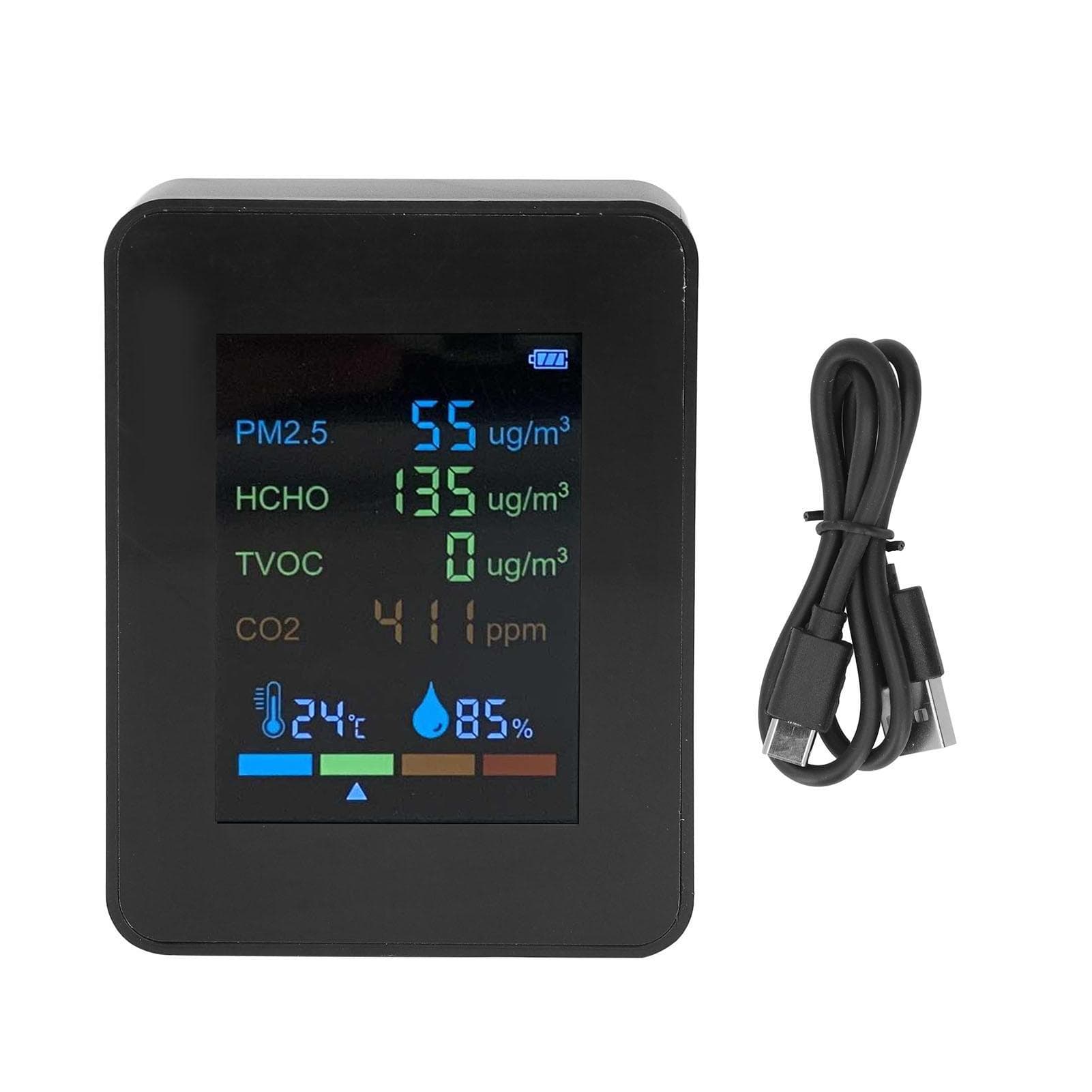 Multifunctional 6 in 1 CO2 Meter Air Quality Monitor Temperature PM2.5 TVOC HCHO Detector USB