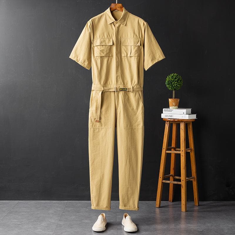 Large Size Men's and Women's Summer Fashion Casual Short Sleeve Jumpsuit L khaki