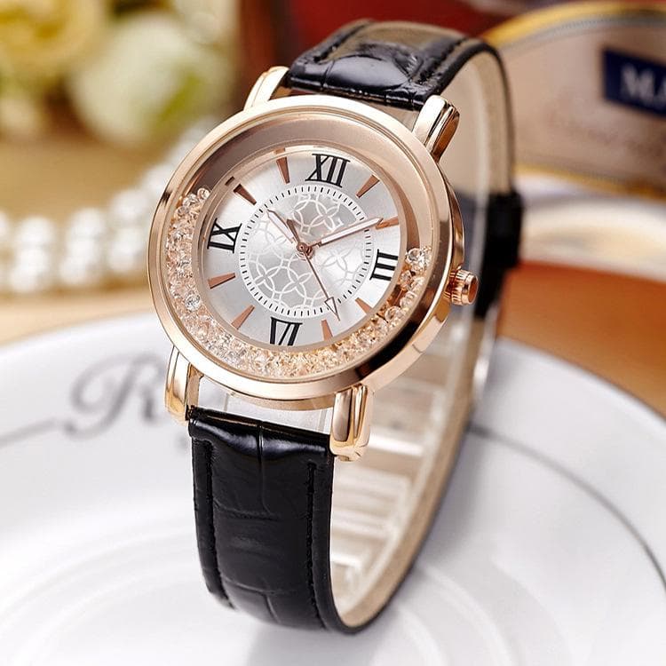 Watch New Women Fashion Luxury Leisure Set Auger Leather Analog Stainless Steel Quartz Watch black